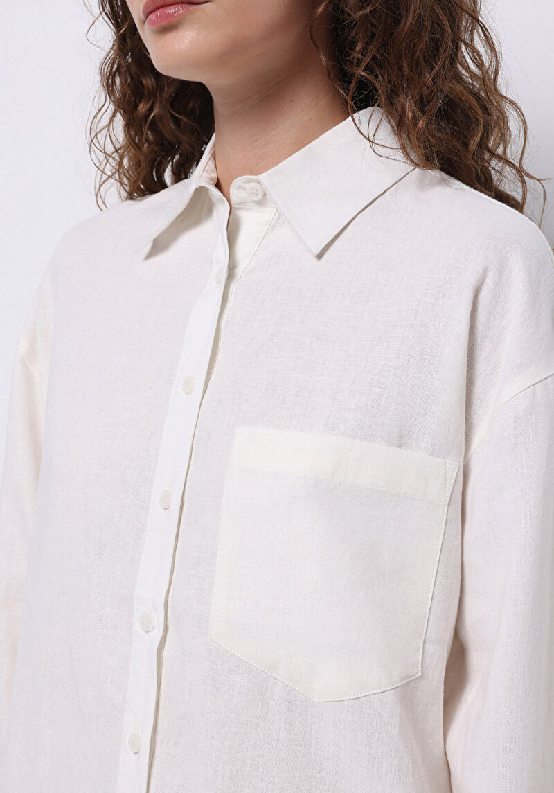 Regular Fit Shirt Neck Nakışlı Kadın Beyaz Uzun Kol Gömlek