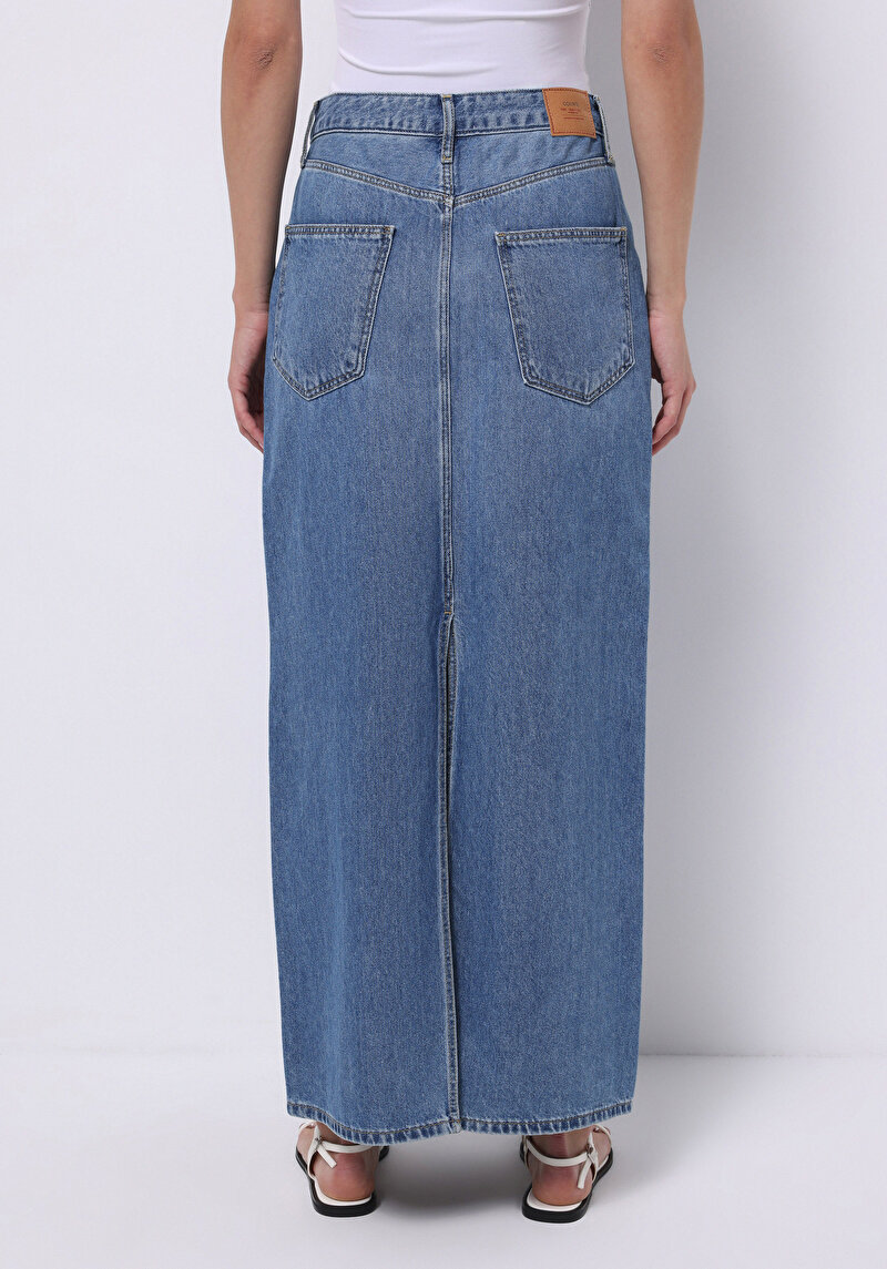 Slim Fit Düz Düğmeli Kadın Mavi Etek