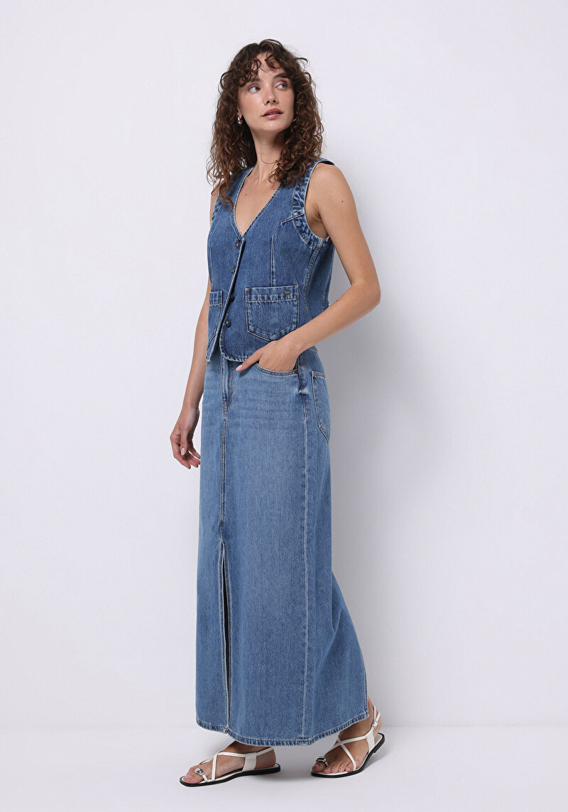 Slim Fit Düz Düğmeli Kadın Mavi Etek