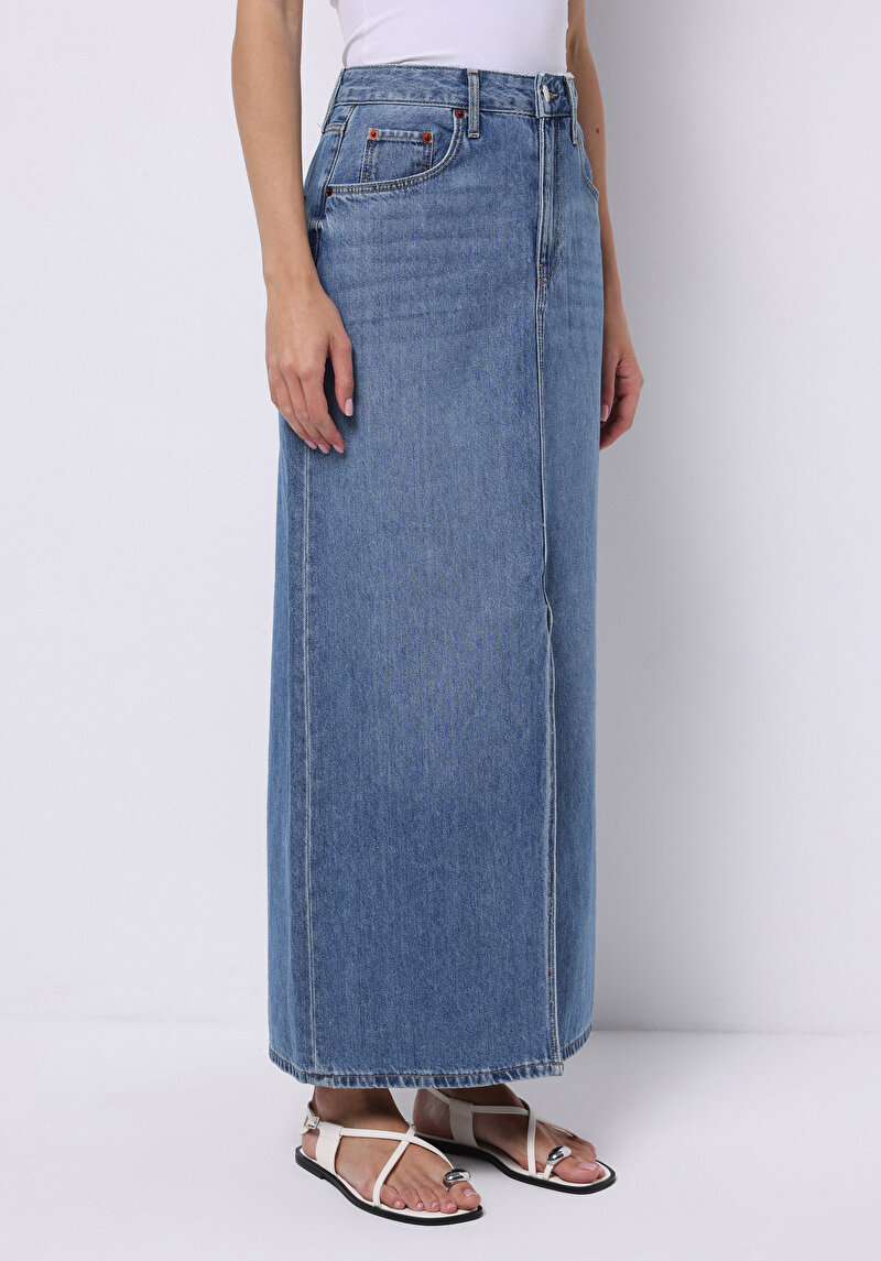 Slim Fit Düz Düğmeli Kadın Mavi Etek