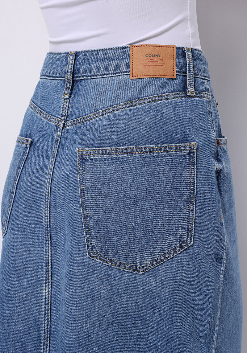 Slim Fit Düz Düğmeli Kadın Mavi Etek