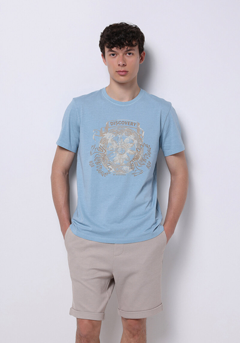 Regular Fit Yuvarlak Yaka Düz Erkek Mavi Kısa Kol Tişört