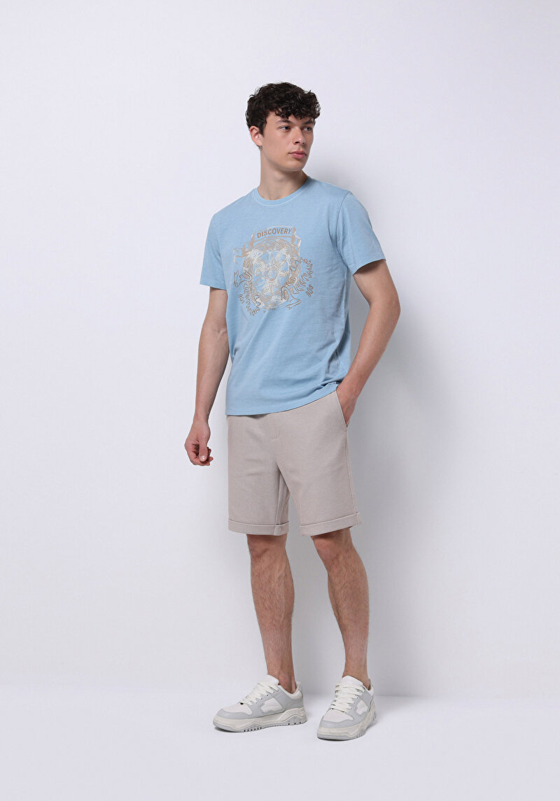 Regular Fit Yuvarlak Yaka Düz Erkek Mavi Kısa Kol Tişört