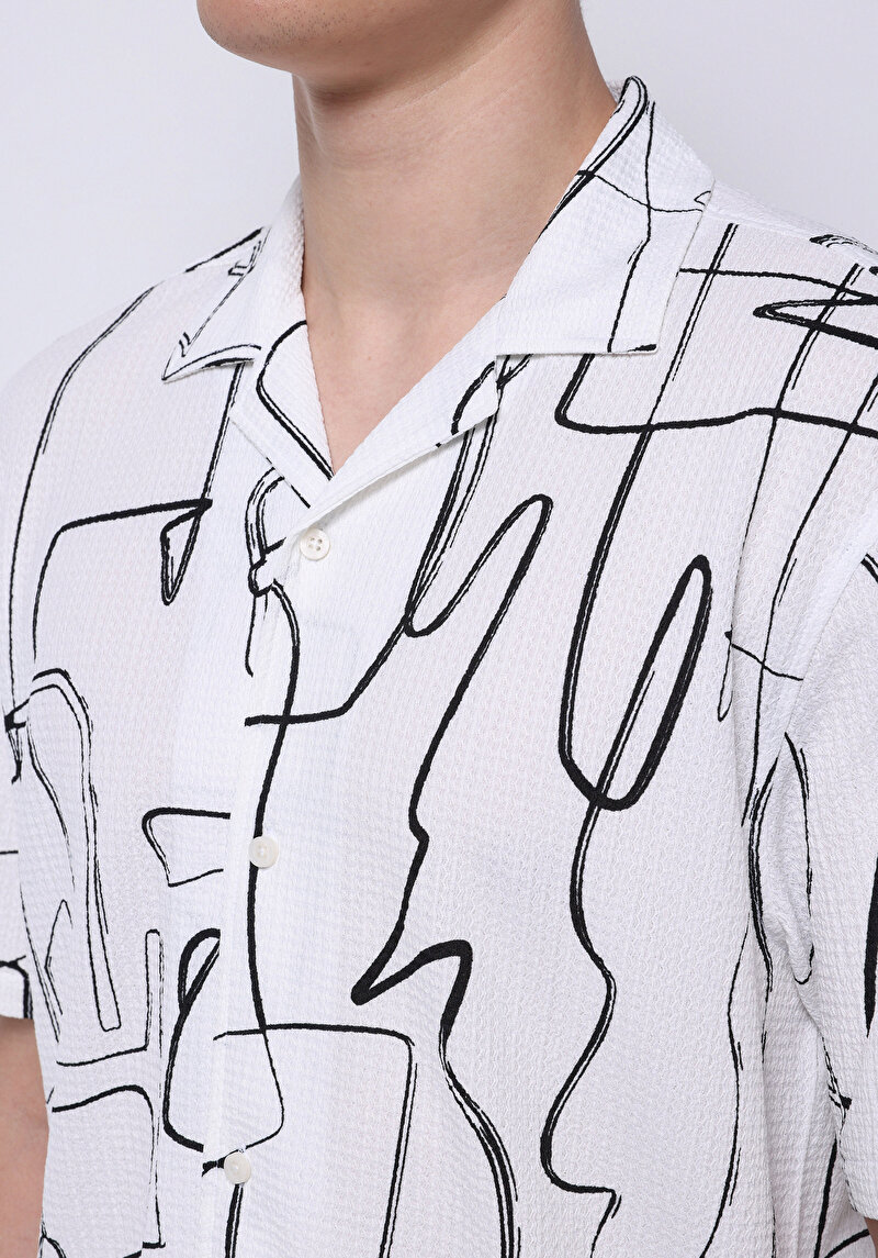 Regular Fit Shirt Neck Baskılı Erkek Siyah Kısa Kol Gömlek