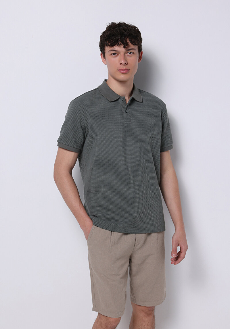 Regular Fit Polo Yaka Jakarlı Erkek Yeşil Kısa Kol Tişört
