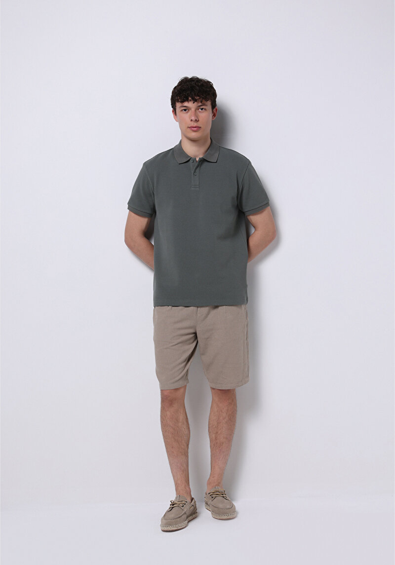 Regular Fit Polo Yaka Jakarlı Erkek Yeşil Kısa Kol Tişört