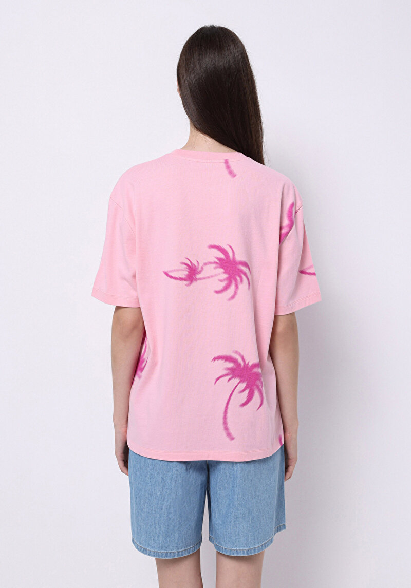 Regular Fit Yuvarlak Yaka Baskılı Kadın Pembe Kısa Kol Tişört