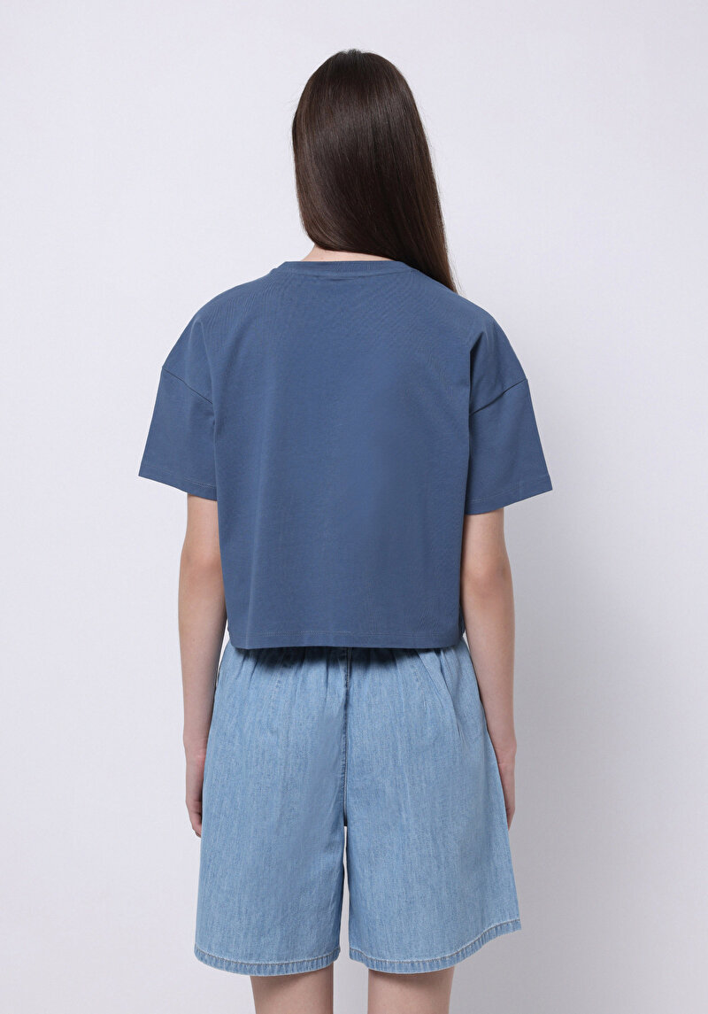 Regular Fit Yuvarlak Yaka Baskılı Kadın Mavi Kısa Kol Tişört