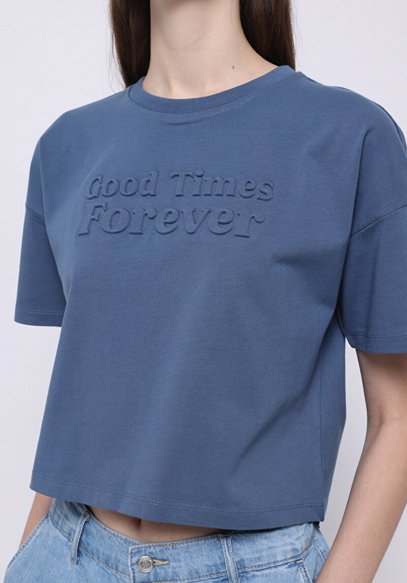 Regular Fit Yuvarlak Yaka Baskılı Kadın Mavi Kısa Kol Tişört