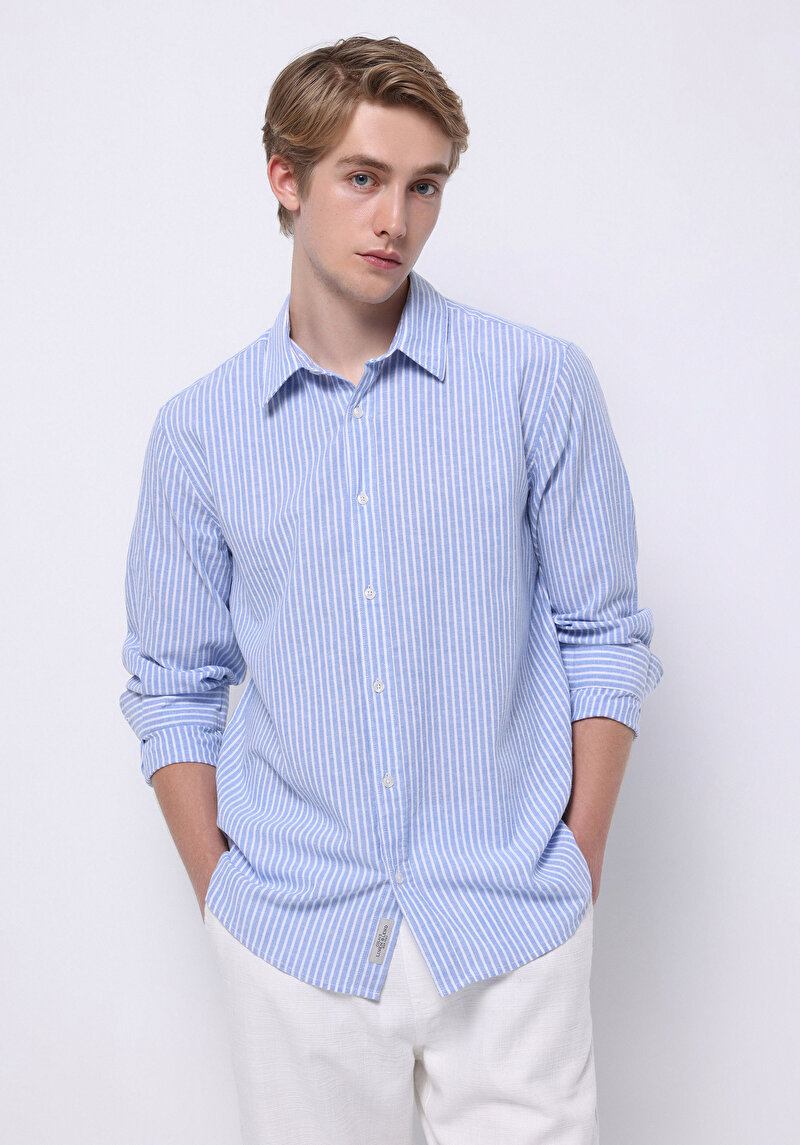 Regular Fit Shirt Neck Çizgili Erkek Keten Karışımlı Mavi Uzun Kol Gömlek