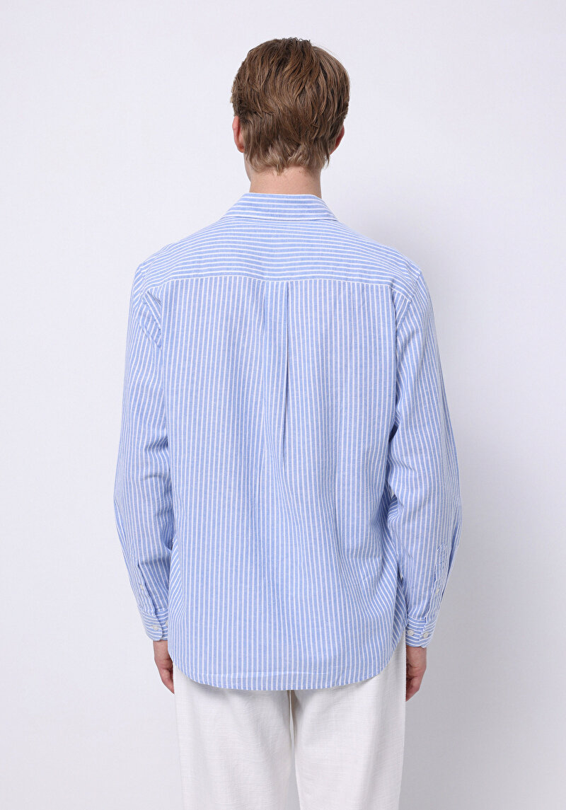Regular Fit Shirt Neck Çizgili Cepsiz Erkek Mavi Uzun Kol Gömlek
