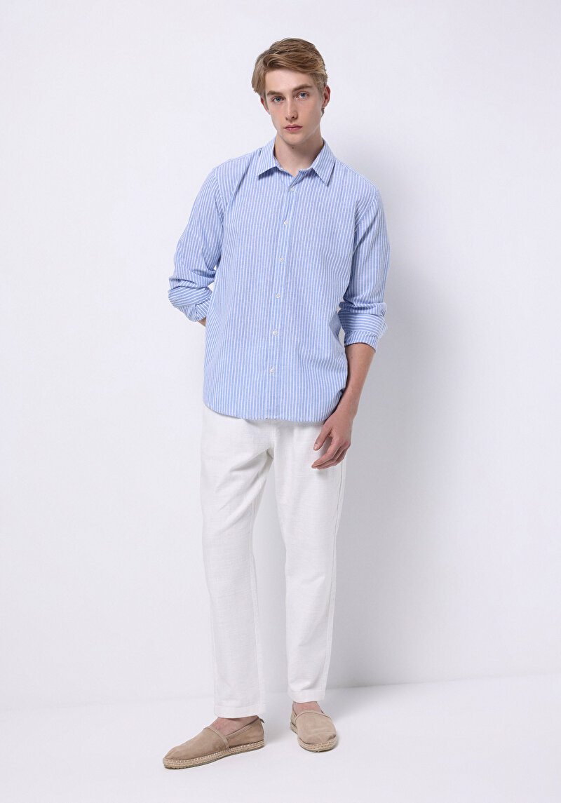 Regular Fit Shirt Neck Çizgili Cepsiz Erkek Mavi Uzun Kol Gömlek