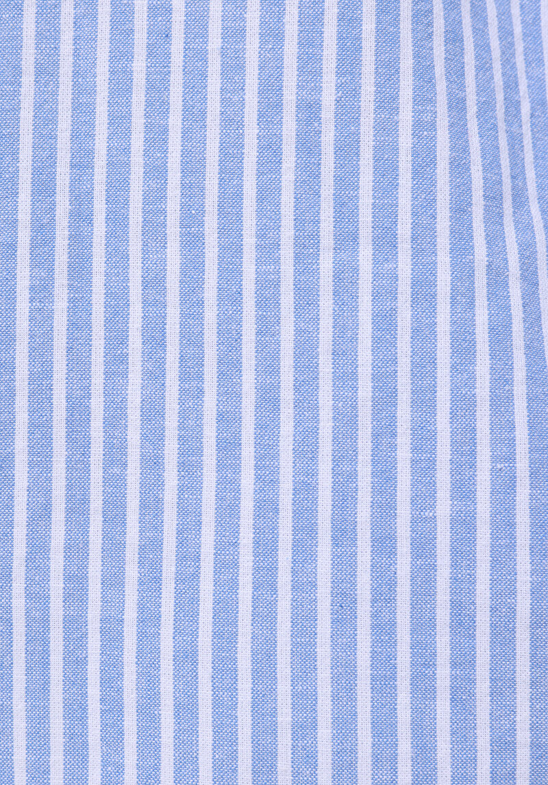 Regular Fit Shirt Neck Çizgili Erkek Keten Karışımlı Mavi Uzun Kol Gömlek