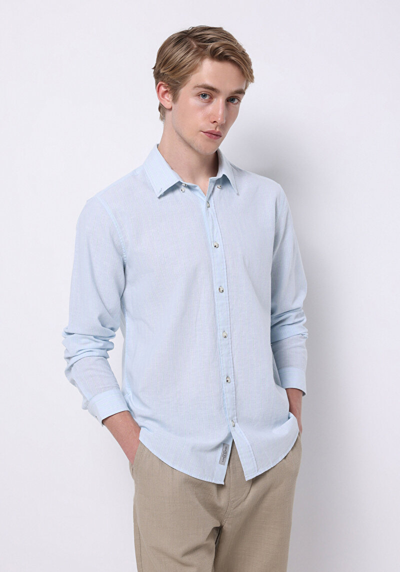 Regular Fit Shirt Neck Düz Erkek Keten Karışımlı Açik Mavi Uzun Kol Gömlek