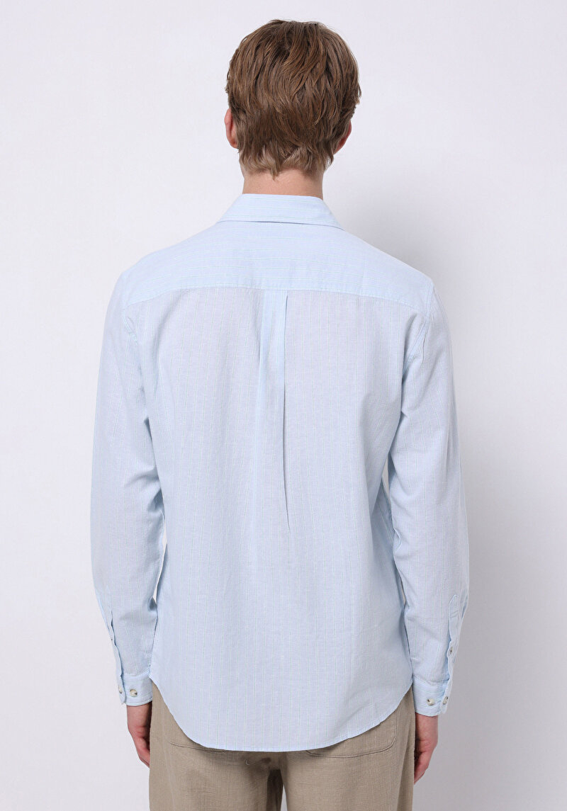 Regular Fit Shirt Neck Düz Erkek Keten Karışımlı Açik mavi Uzun Kol Gömlek