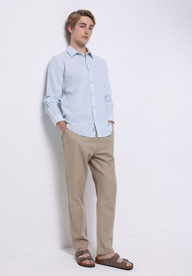 Regular Fit Shirt Neck Düz Erkek Keten Karışımlı Açik mavi Uzun Kol Gömlek