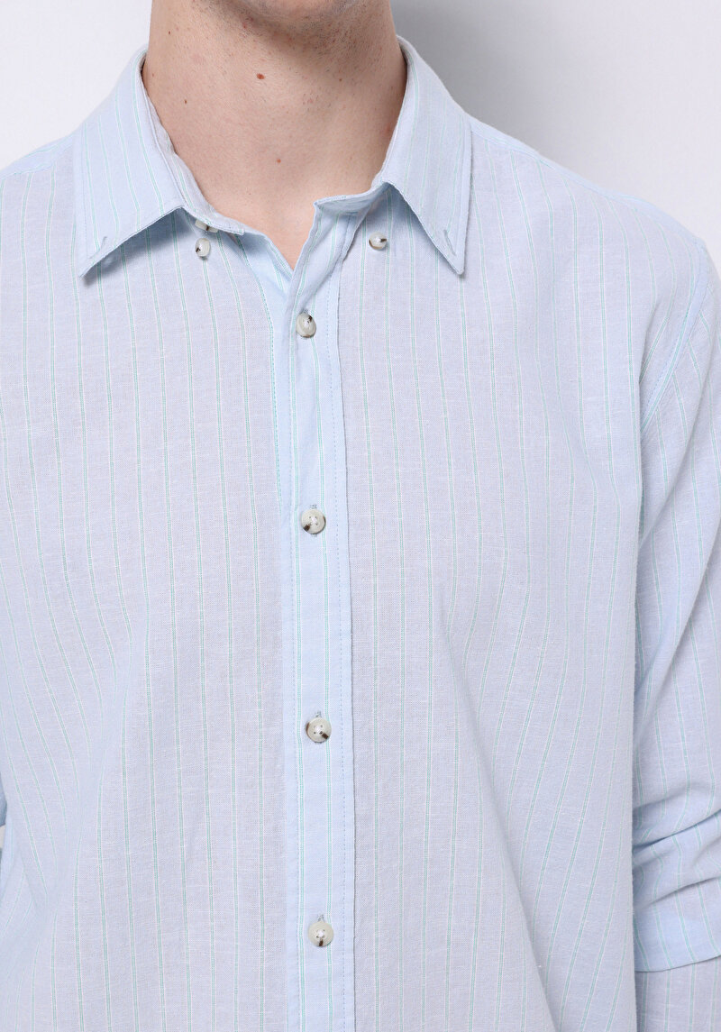 Regular Fit Shirt Neck Düz Erkek Keten Karışımlı Açik mavi Uzun Kol Gömlek