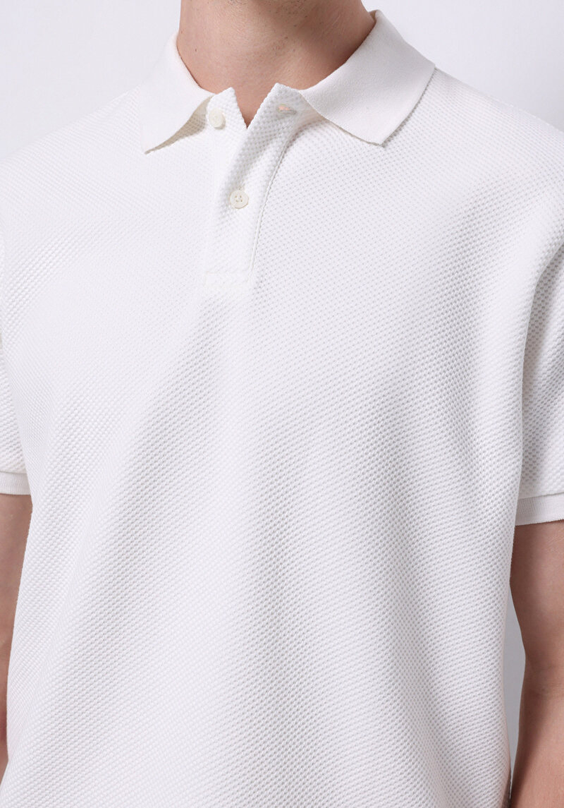 Regular Fit Polo Yaka Jakarlı Erkek Beyaz Kısa Kol Tişört