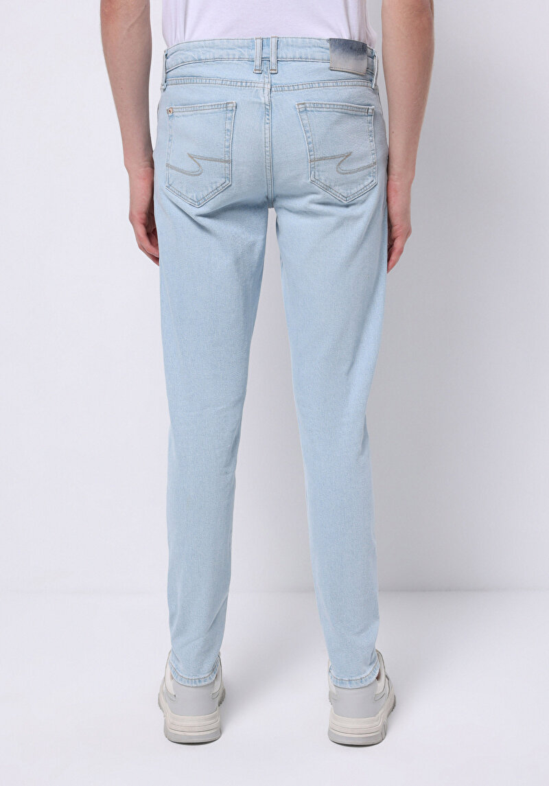 Slim Fit Erkek Bleach İndigo Denim Jean Pantolon