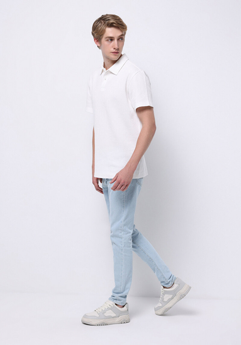 Slim Fit Erkek Bleach İndigo Denim Jean Pantolon