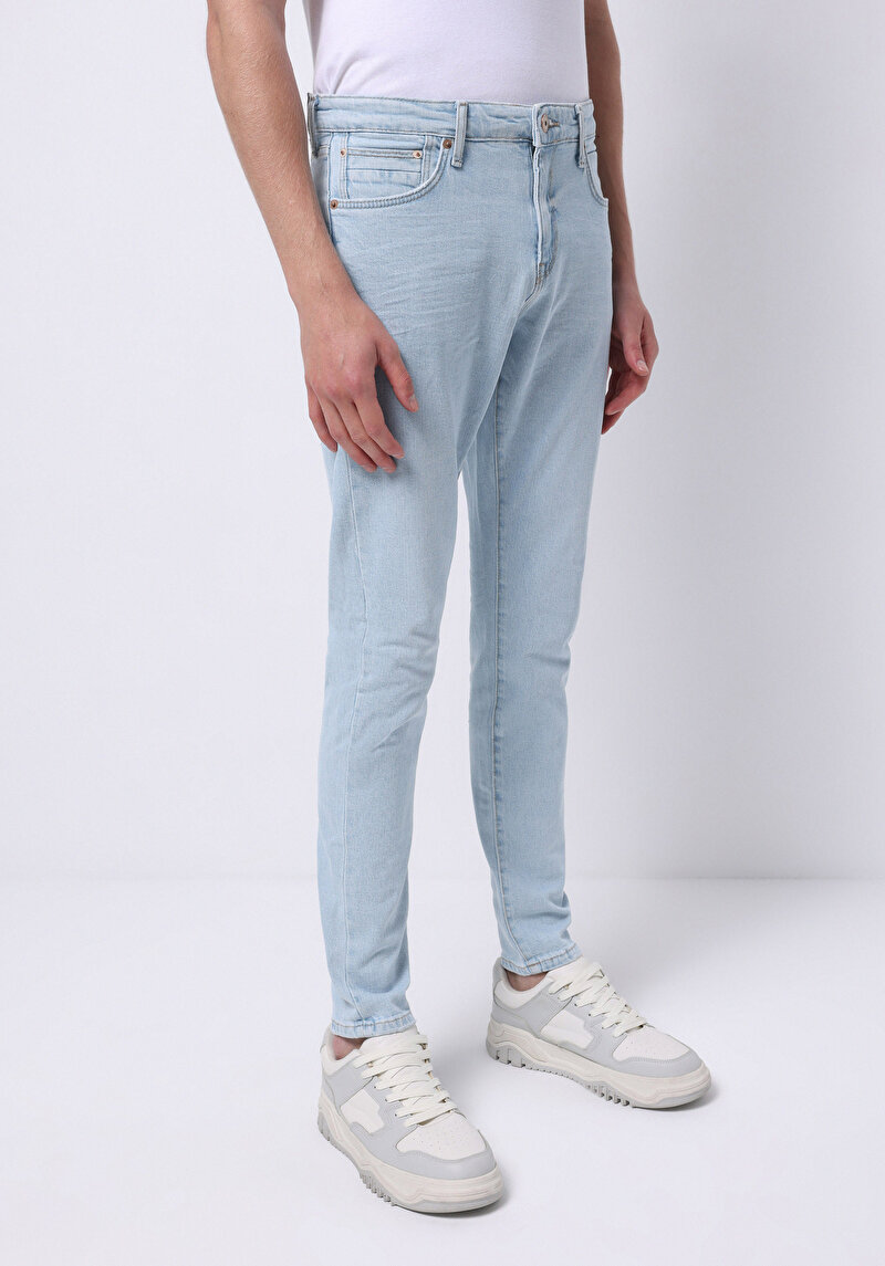 Slim Fit Erkek Bleach İndigo Denim Jean Pantolon