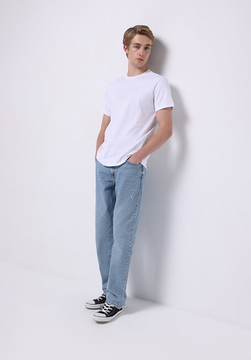 Regular Fit Orta Bel Düz Paça Cepli Erkek Light İndigo Denim Jean Pantolon