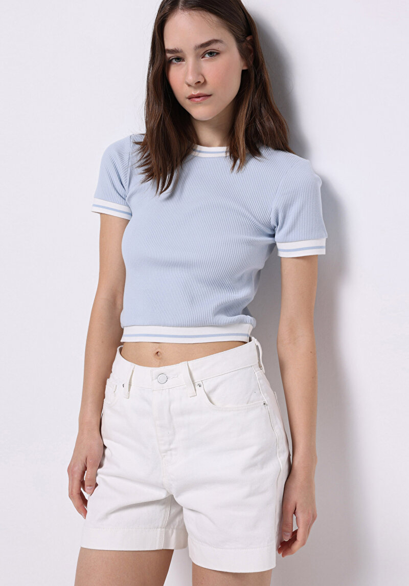 Slim Fit Yuvarlak Yaka Düz Kadın Mavi Kısa Kol Tişört