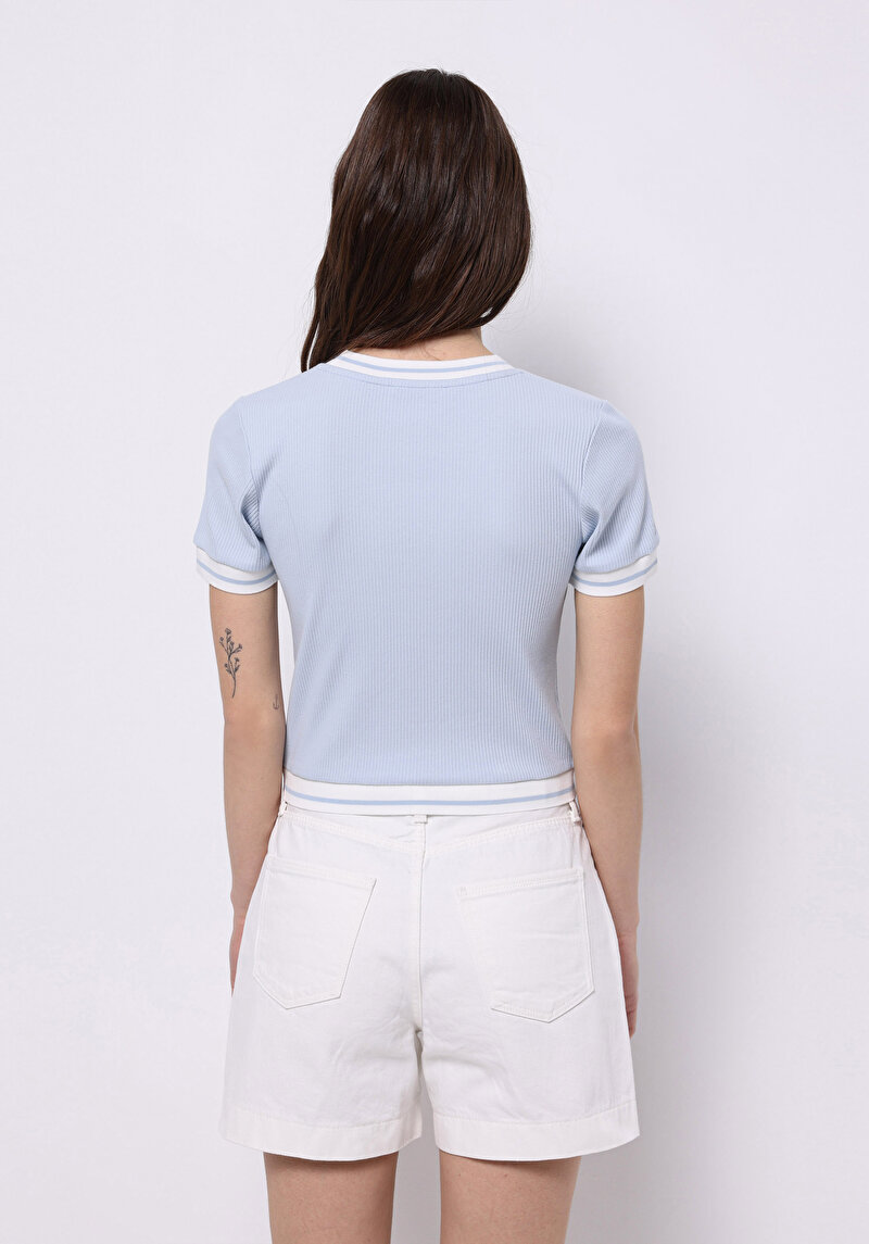 Slim Fit Yuvarlak Yaka Düz Kadın Mavi Kısa Kol Tişört