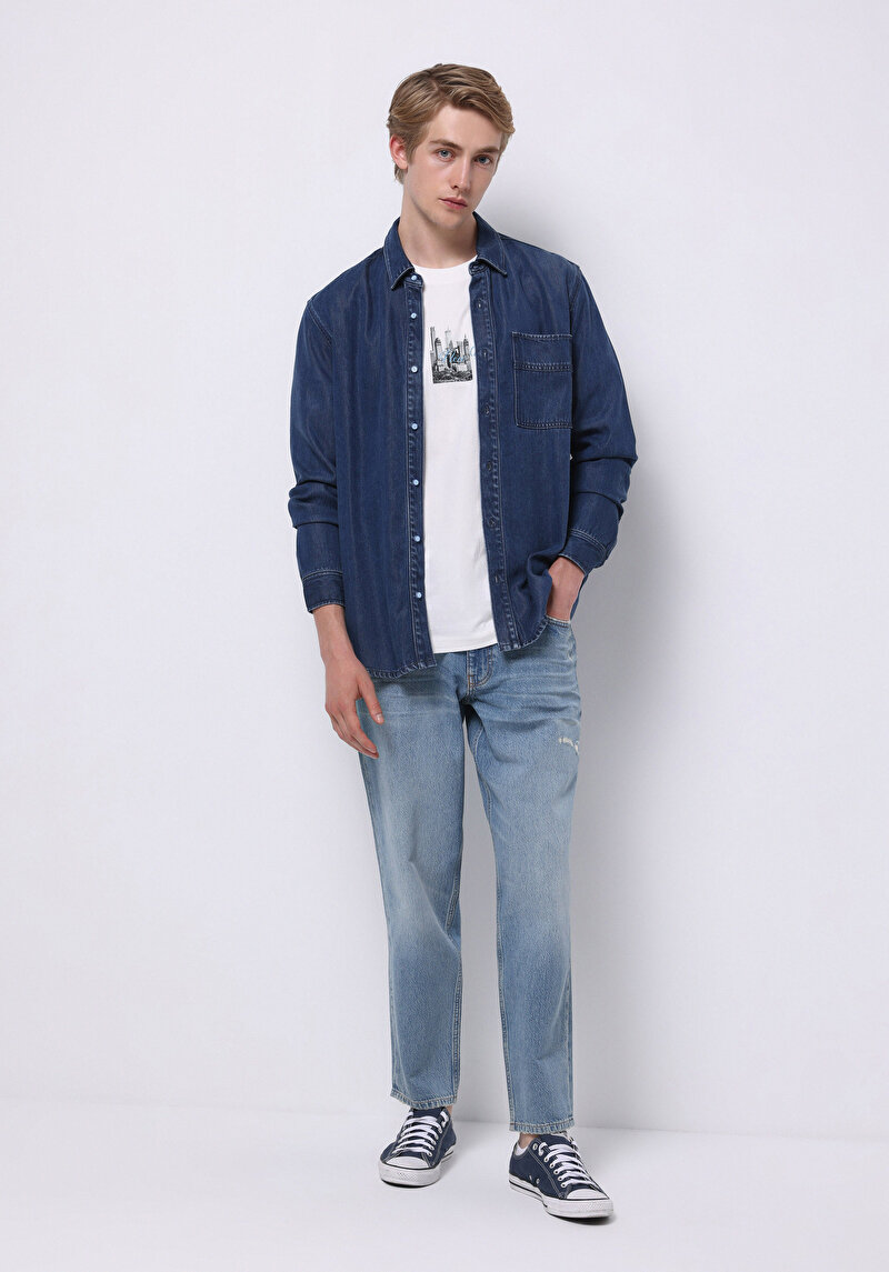 Regular Fit Klasik Yaka Düz Erkek Mavi Ecologic Uzun Kol Gömlek