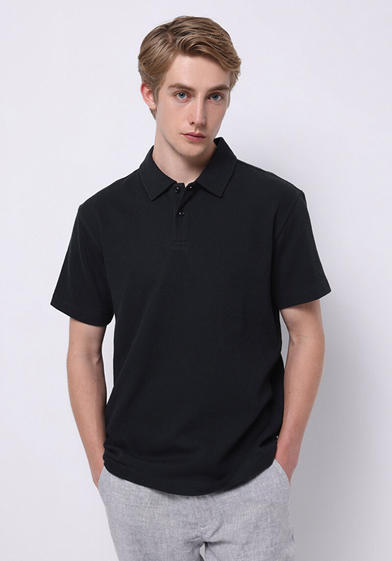 Comfort Fit Polo Yaka Düz Erkek Cepsiz Lacivert Kısa Kol Tişört