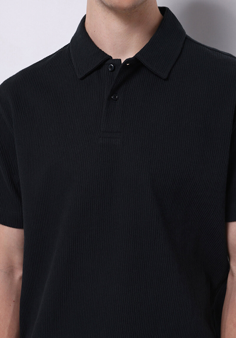 Comfort Fit Polo Yaka Düz Erkek Cepsiz Lacivert Kısa Kol Tişört