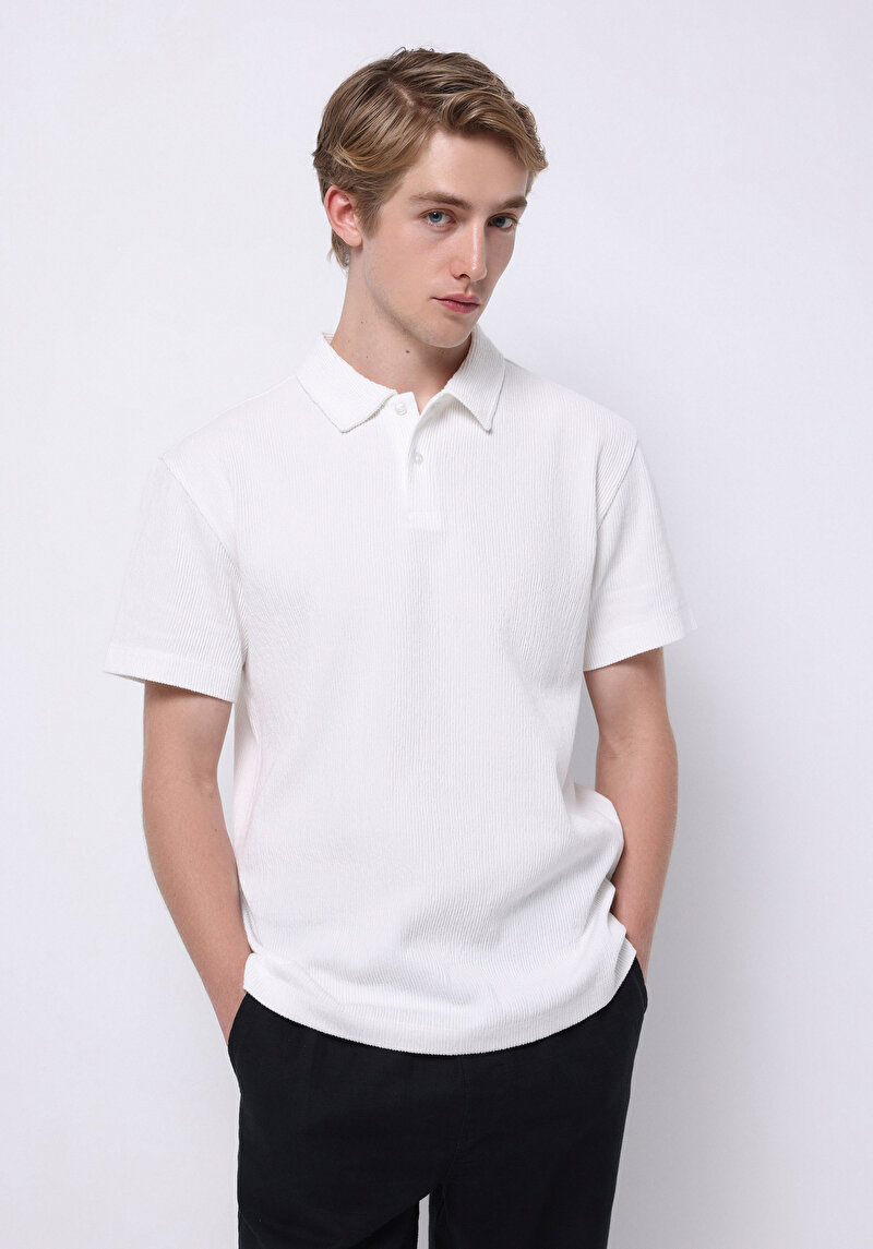 Comfort Fit Polo Yaka Düz Erkek Beyaz Kısa Kol Tişört