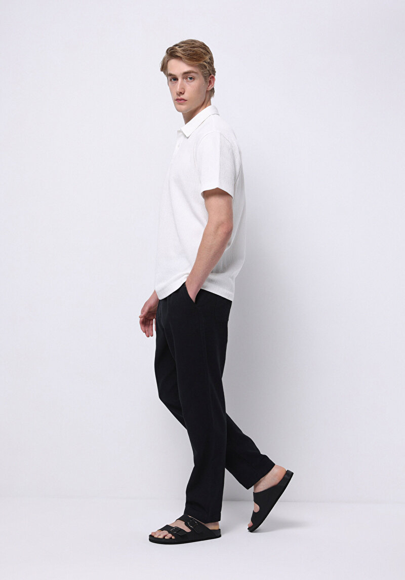 Comfort Fit Polo Yaka Düz Erkek Beyaz Kısa Kol Tişört