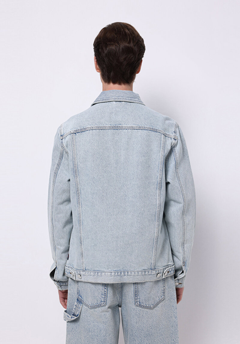Regular Fit Düğmeli Astarsız Pamuklu Erkek Bleach İndigo Denim Ceket