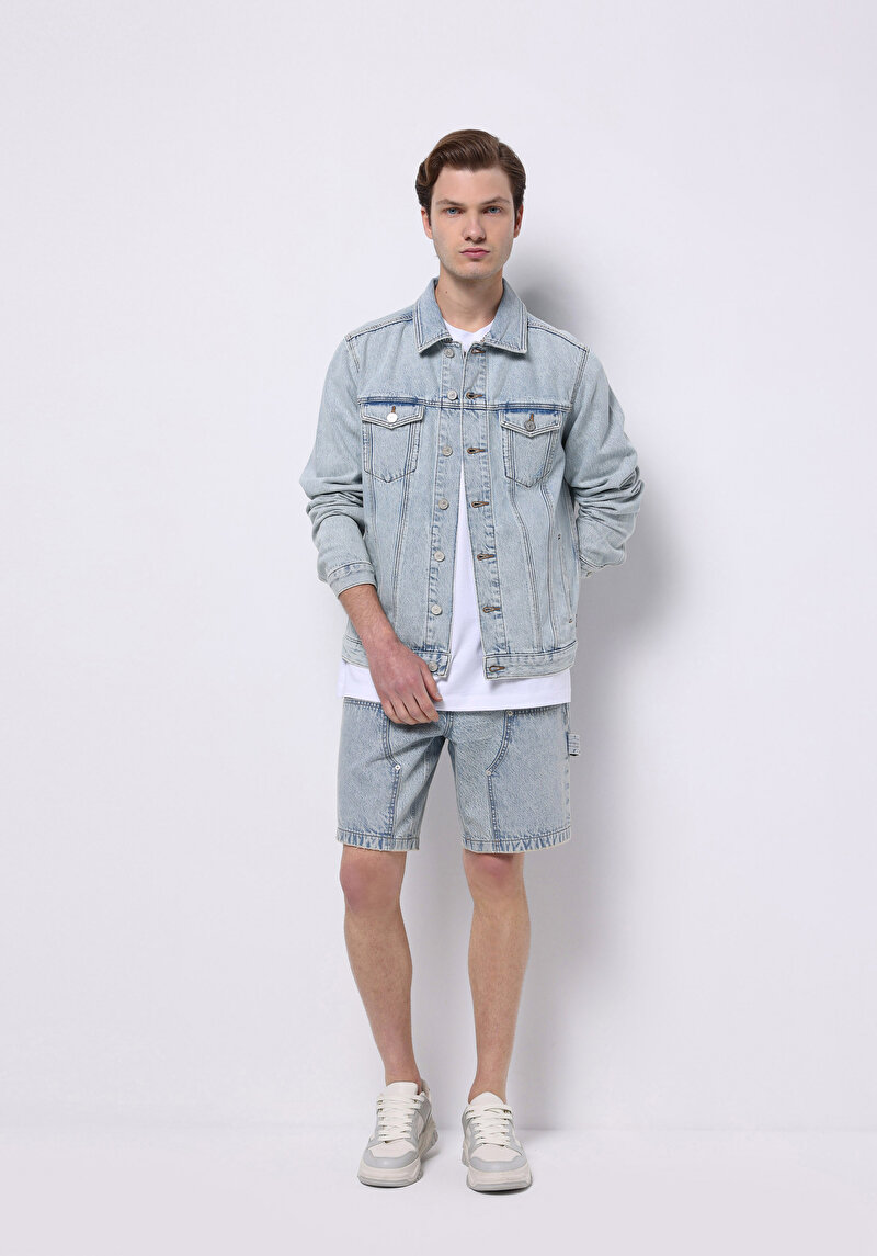 Regular Fit Düğmeli Astarsız Pamuklu Erkek Bleach İndigo Denim Ceket