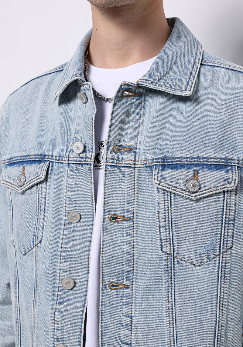 Regular Fit Düğmeli Astarsız Pamuklu Erkek Bleach İndigo Denim Ceket