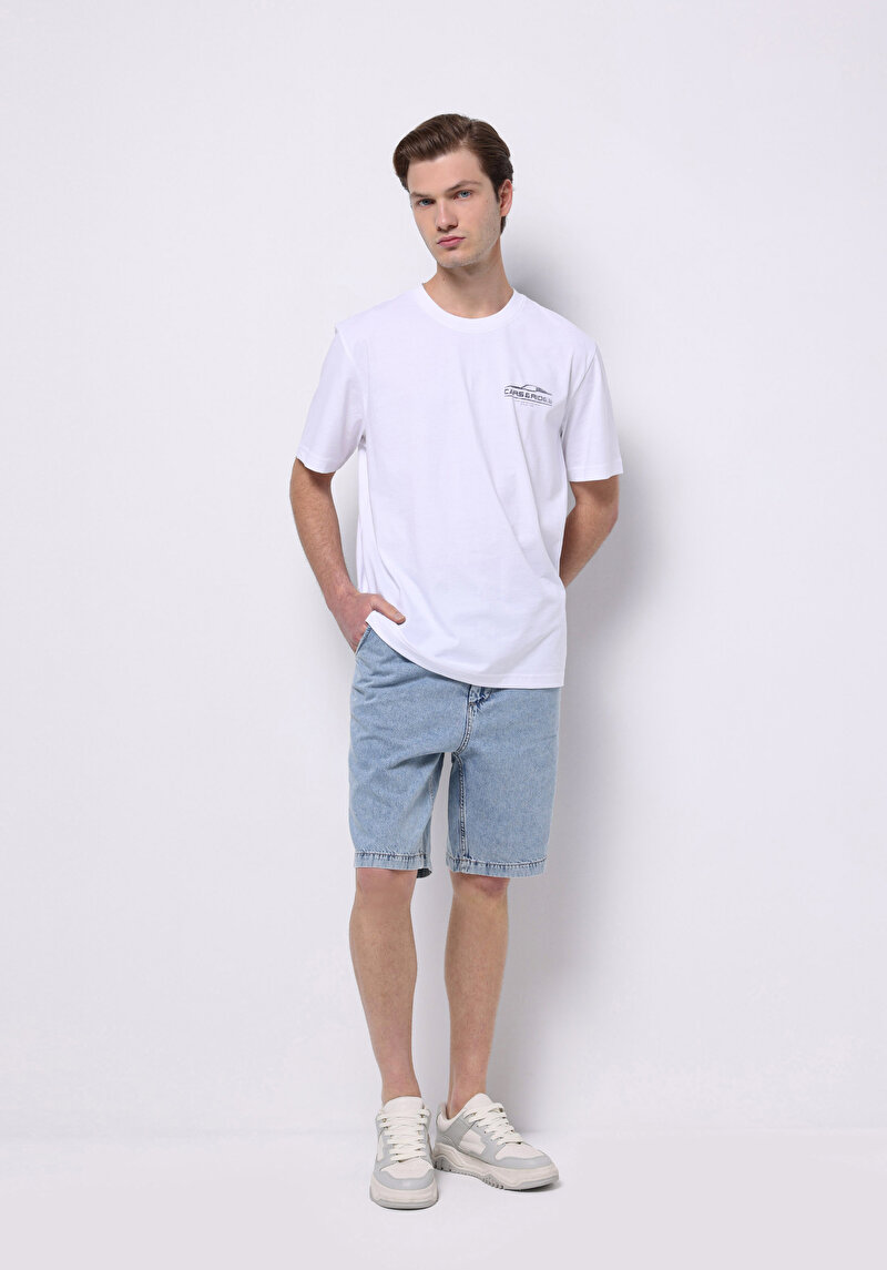 Regular Fit Orta Bel Düz Erkek İndigo Ecologic Jean Şort