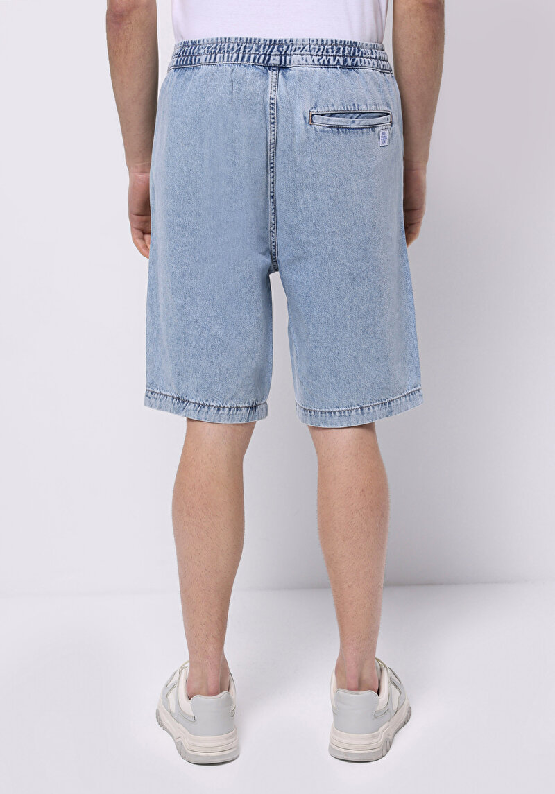 Regular Fit Orta Bel Düz Erkek İndigo Ecologic Jean Şort