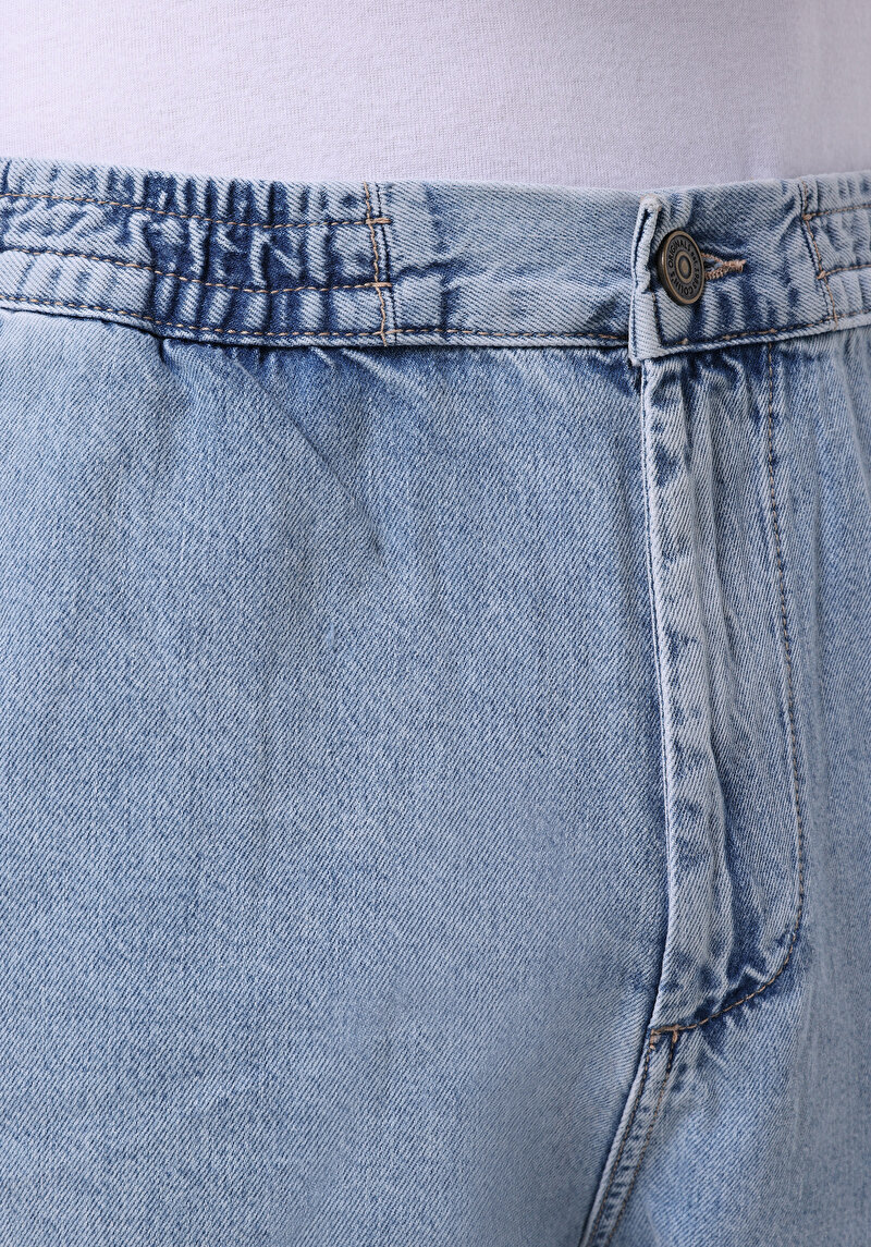 Regular Fit Orta Bel Düz Erkek İndigo Ecologic Jean Şort