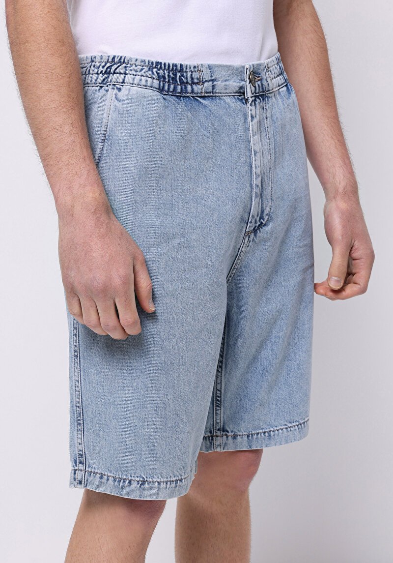 Regular Fit Orta Bel Düz Erkek İndigo Ecologic Jean Şort