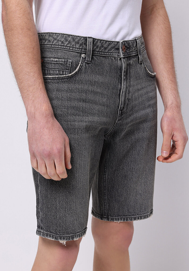 Regular Fit Orta Bel Düz Erkek Siyah Jean Şort