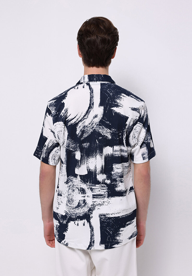 Regular Fit Shirt Neck Baskılı Cepsiz Erkek Lacivert Kısa Kol Gömlek