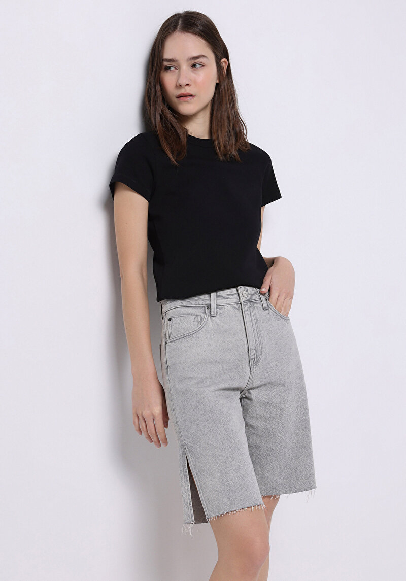 Regular Fit Yüksek Bel Düz Kadın Gri Jean Şort