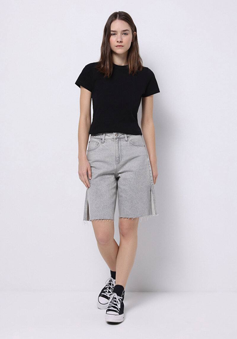 Regular Fit Yüksek Bel Düz Kadın Gri Jean Şort