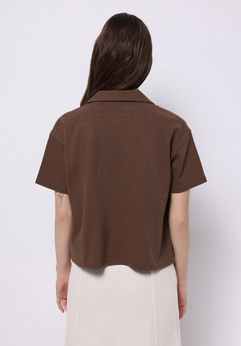 Regular Fit Polo Yaka Jakarlı Kadın Kahverengi Kısa Kol Tişört