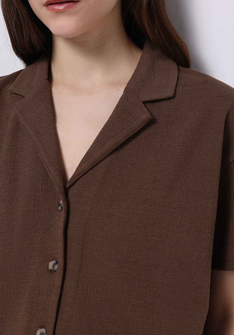 Regular Fit Polo Yaka Jakarlı Kadın Kahverengi Kısa Kol Tişört