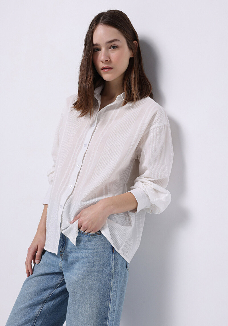 Regular Fit Shirt Neck Pamuklu Cepsiz Düz Kadın Beyaz Uzun Kol Gömlek