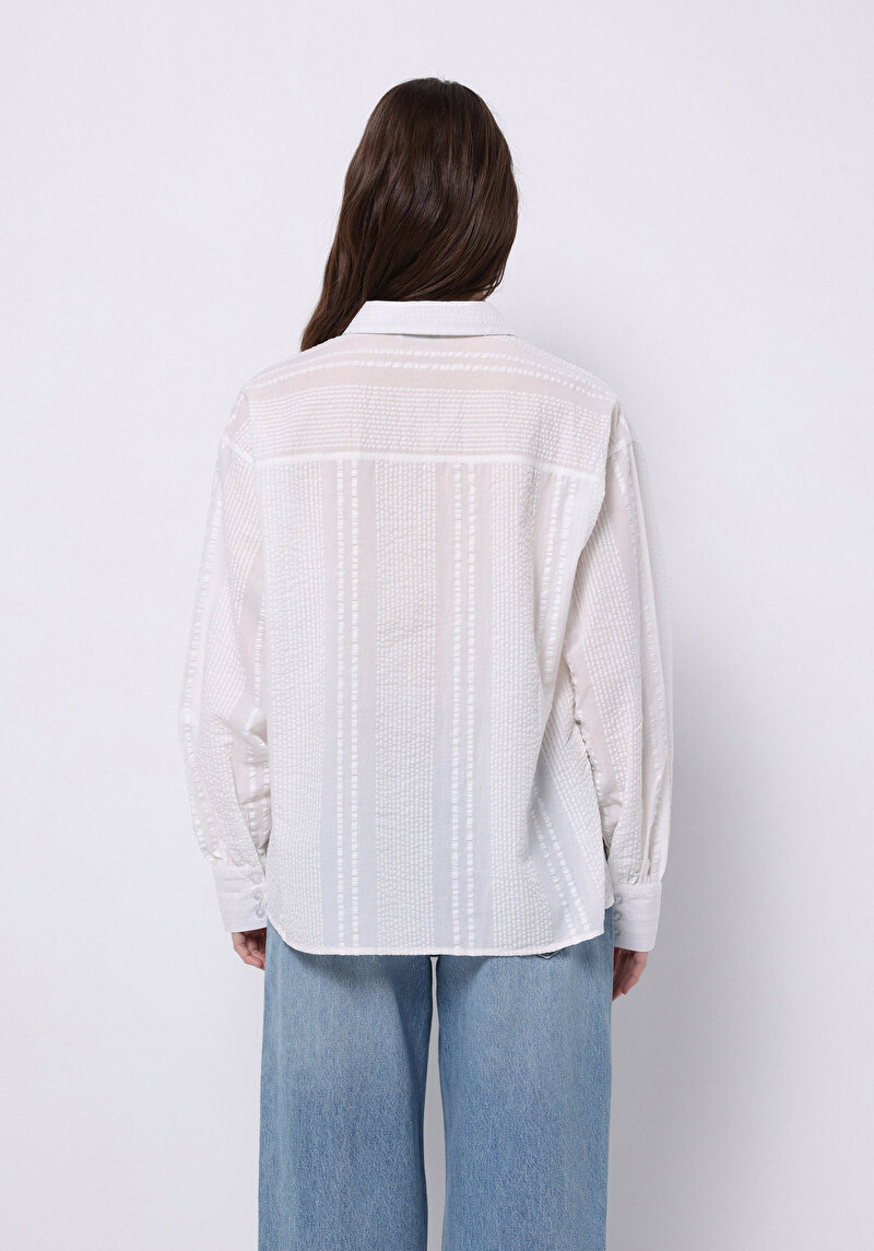 Regular Fit Shirt Neck Pamuklu Cepsiz Düz Kadın Beyaz Uzun Kol Gömlek