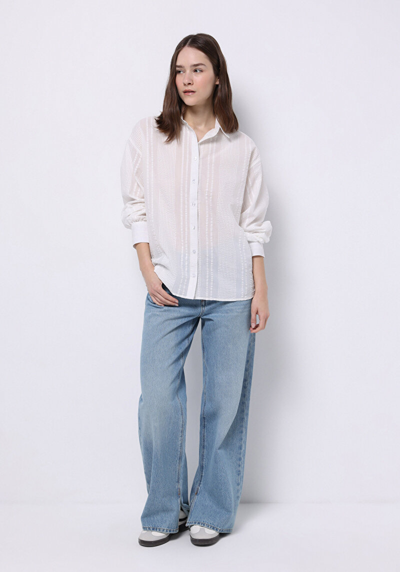 Regular Fit Shirt Neck Pamuklu Cepsiz Düz Kadın Beyaz Uzun Kol Gömlek