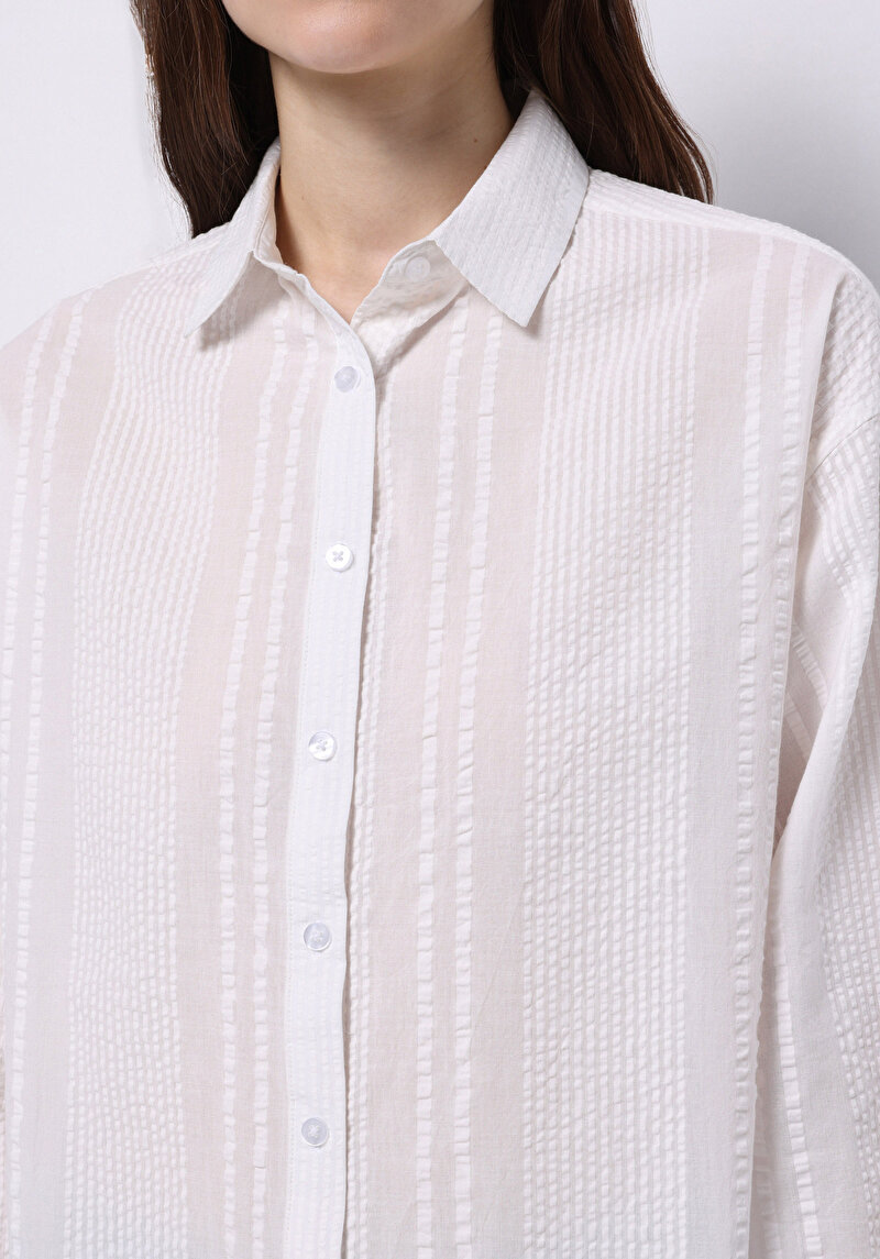 Regular Fit Shirt Neck Pamuklu Cepsiz Düz Kadın Beyaz Uzun Kol Gömlek